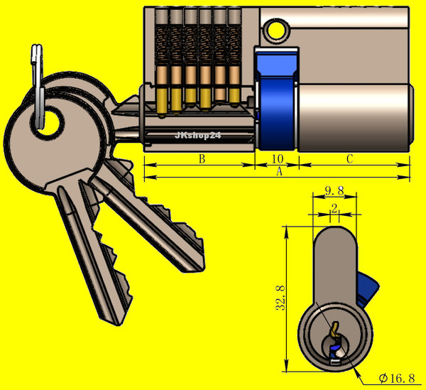 Schließzylinder 70mm (40+30mm) Haus-Tür Sicherheits-Schließzylinder + 3 Schlüssel | Chilitec 22589