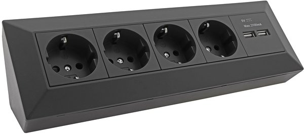4-fach Steckdosenblock+2x USB, schwarz , 250 V/AC 16A, Eckmontage Aufbaumontage, USB 3,1A, 23663