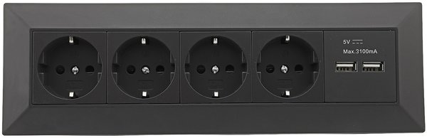 4-fach Steckdosenblock+2x USB, 23119, schwarz , 250 V/AC 16A, Eckmontage Aufbaumontage, USB 3,1A
