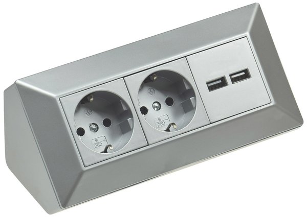 2-fach Steckdosenblock+2x USB, 22141, silber , 250 V/AC 16A, Eckmontage Aufbaumontage, USB 2A