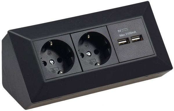 2-fach Steckdosenblock+2x USB, schwarz , 250 V/AC 16A, Eckmontage Aufbaumontage, USB 2A, 23653