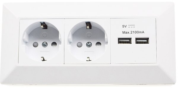 2-fach Steckdosenblock+2x USB, 22793, weiß matt , 250 V/AC 16A, Eckmontage Aufbaumontage, USB 2A