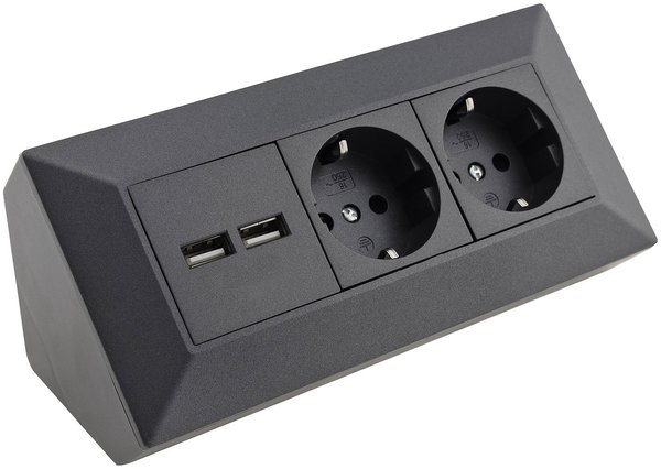 2-fach Steckdosenblock+2x USB, anthrazit, 250 V/AC 16A, Eckmontage Aufbaumontage, USB 2A, 23654