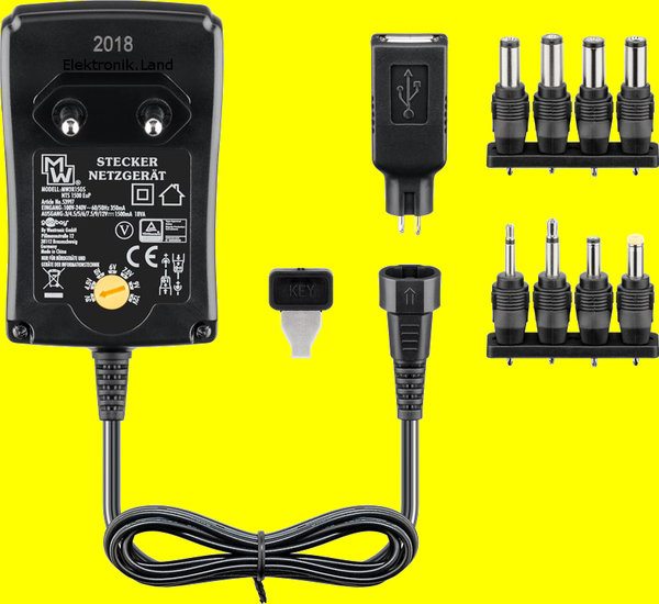 Universal-Netzteil stabilisiert 100-240 V/AC auf 3/4,5/5/6/7,5/9/12 V/DC 1,5 A|mit 9 Adapter-Stecker