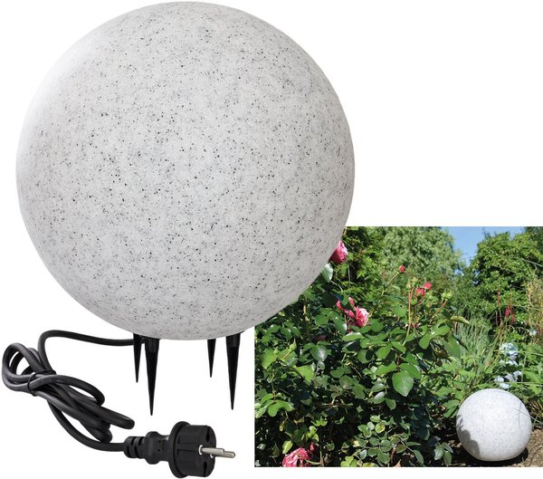 Garten Deko-Kugelleuchte in Granit-Optik +Erdspieß 28cm IP44,230V, 1,5m Kabel-Zuleitung, E27-Fassung