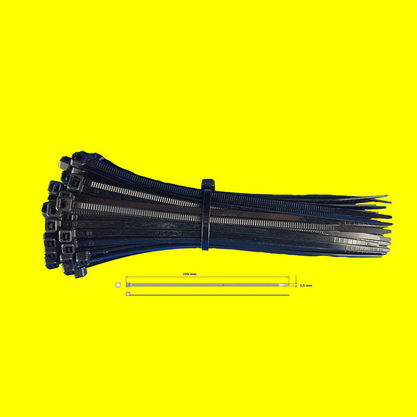 200 Stück Kabelbinder, schwarz, UV-stabil,  200mm x 2,5mm, extrem wetterfest, hohe Zugkraft,KB-SET-2