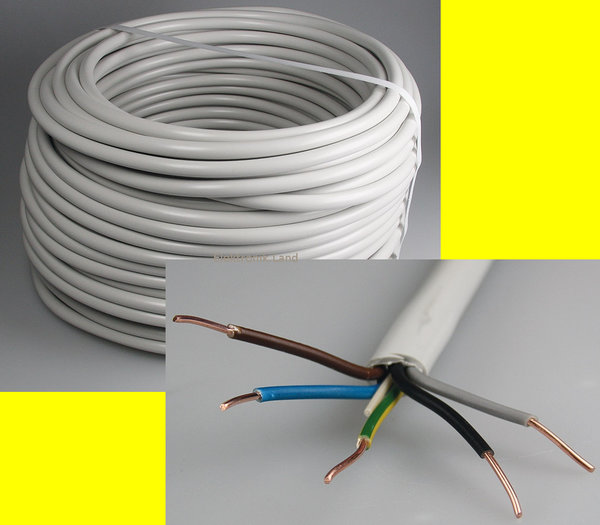 Stromleitung 50m-Ring, Verlege-Leitung NYM-J 5G1,5, Innenraum-Kabel isoliert f. trocken+feucht+nass